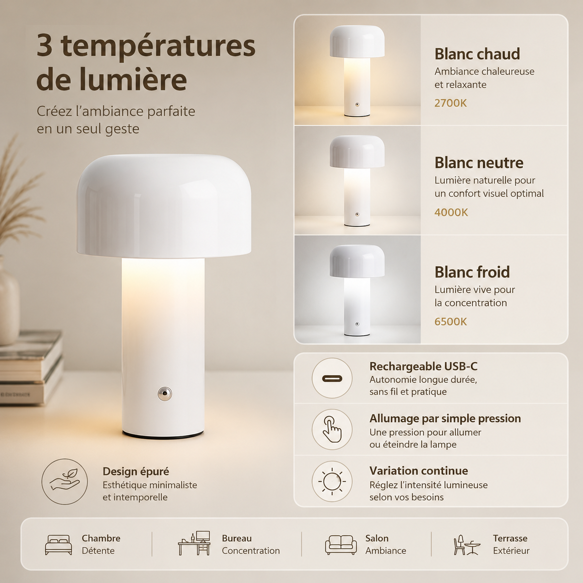 Lampe à poser champignon rechargeable Milo
