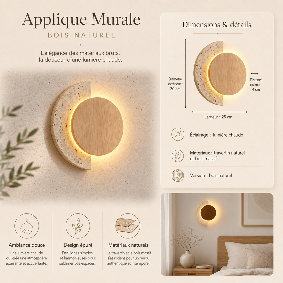Applique murale LED travertin Halla