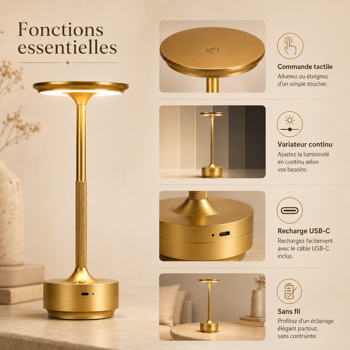 Lampe à poser tactile rechargeable Élia