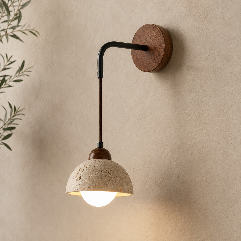 Applique murale ajustable en pierre travertin & bois