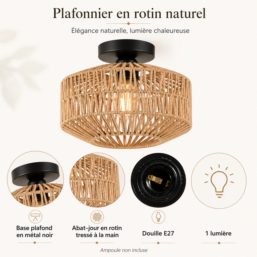 Plafonnier rotin bohème Liora