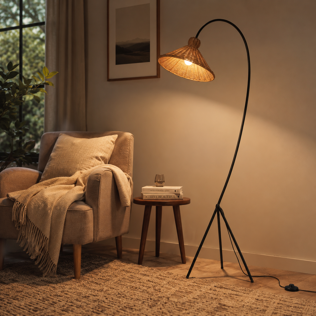 Lampadaire rotin arc pour salon Sora