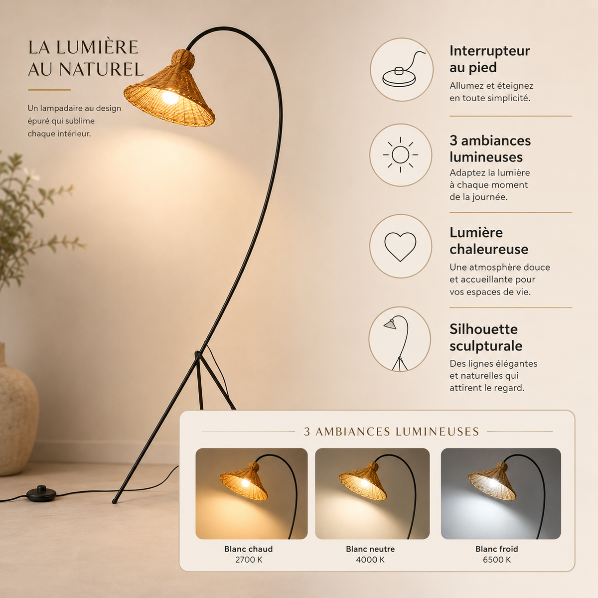 Lampadaire rotin arc pour salon Sora