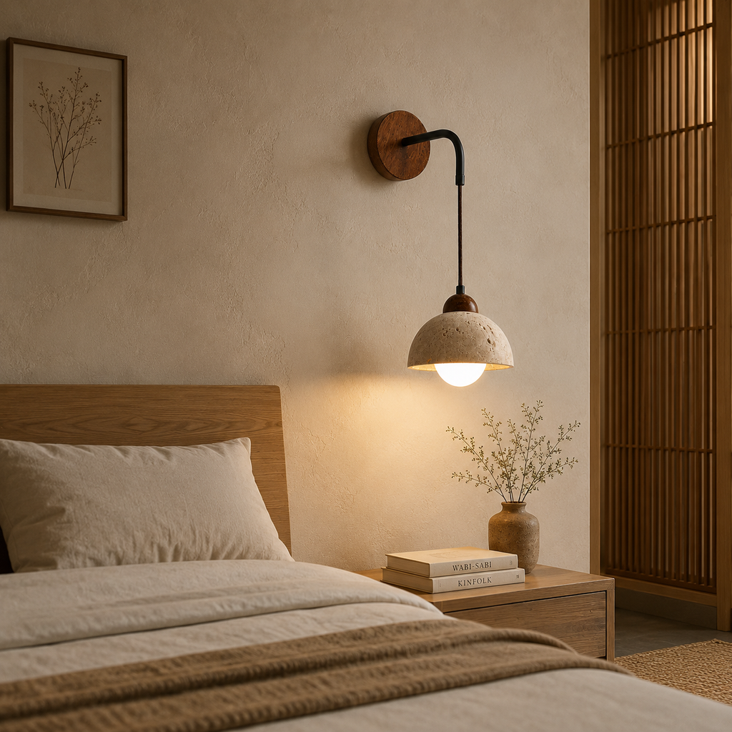 Applique murale ajustable en pierre travertin & bois