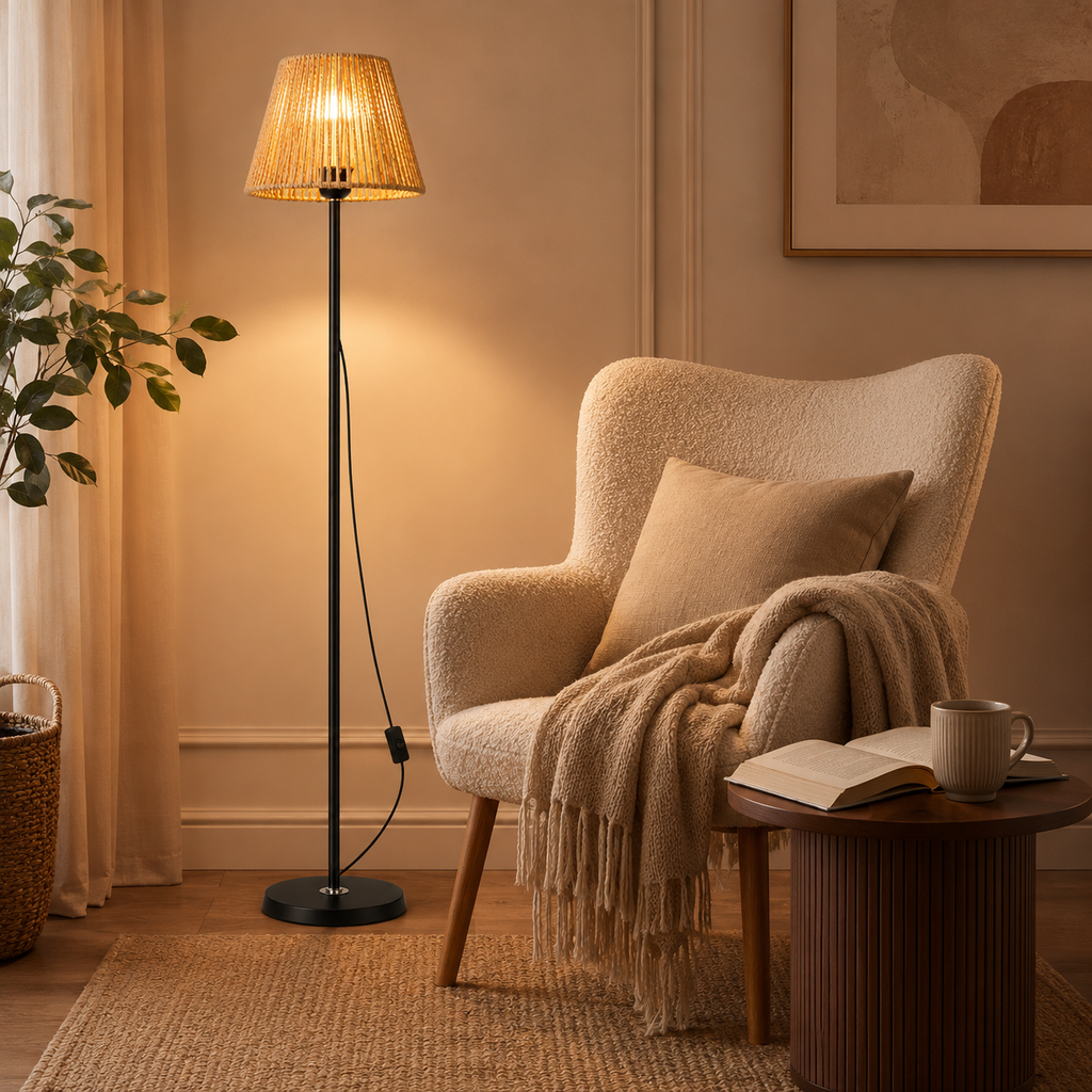 Lampadaire rotin noir pour salon Liora