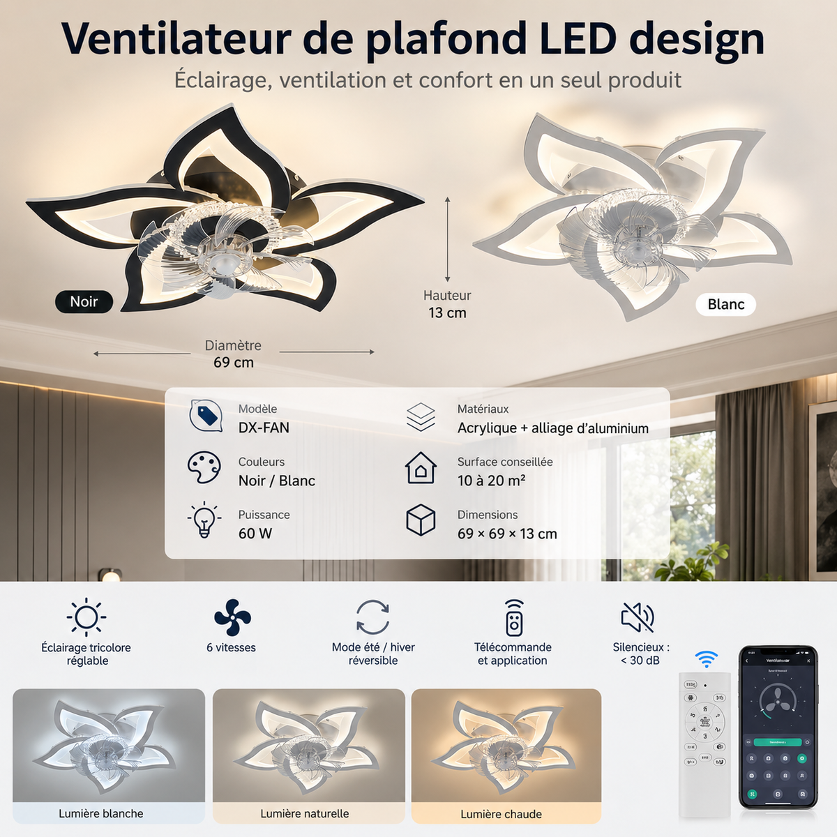Ventilateur plafonnier LED Fleur