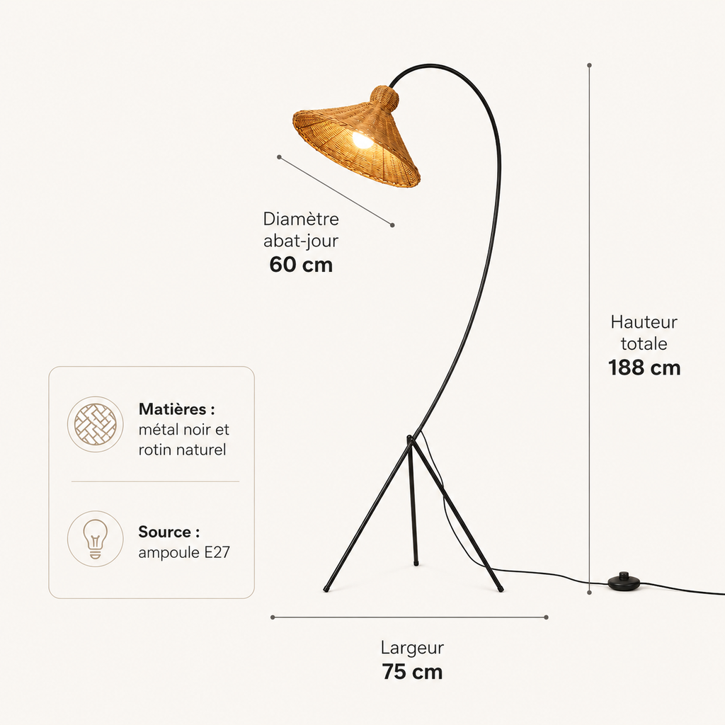 Lampadaire rotin arc pour salon Sora