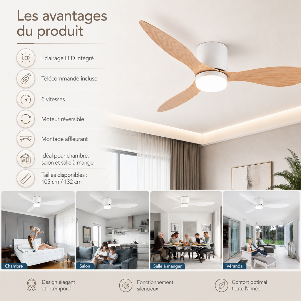 Ventilateur de Plafonnier LED silencieux