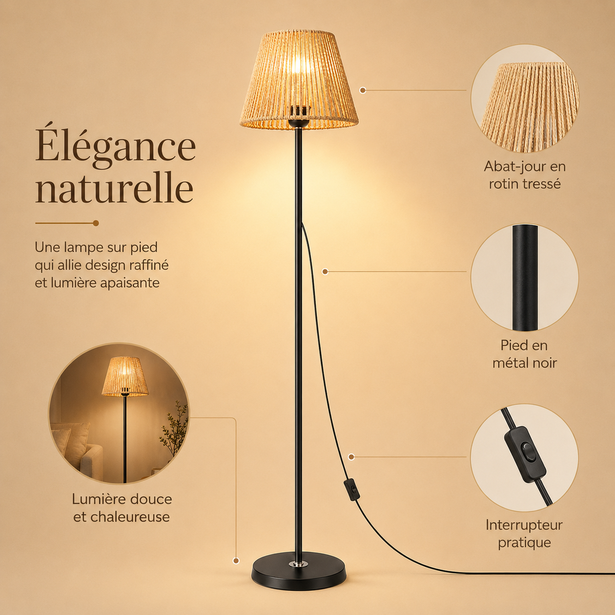 Lampadaire rotin noir pour salon Liora