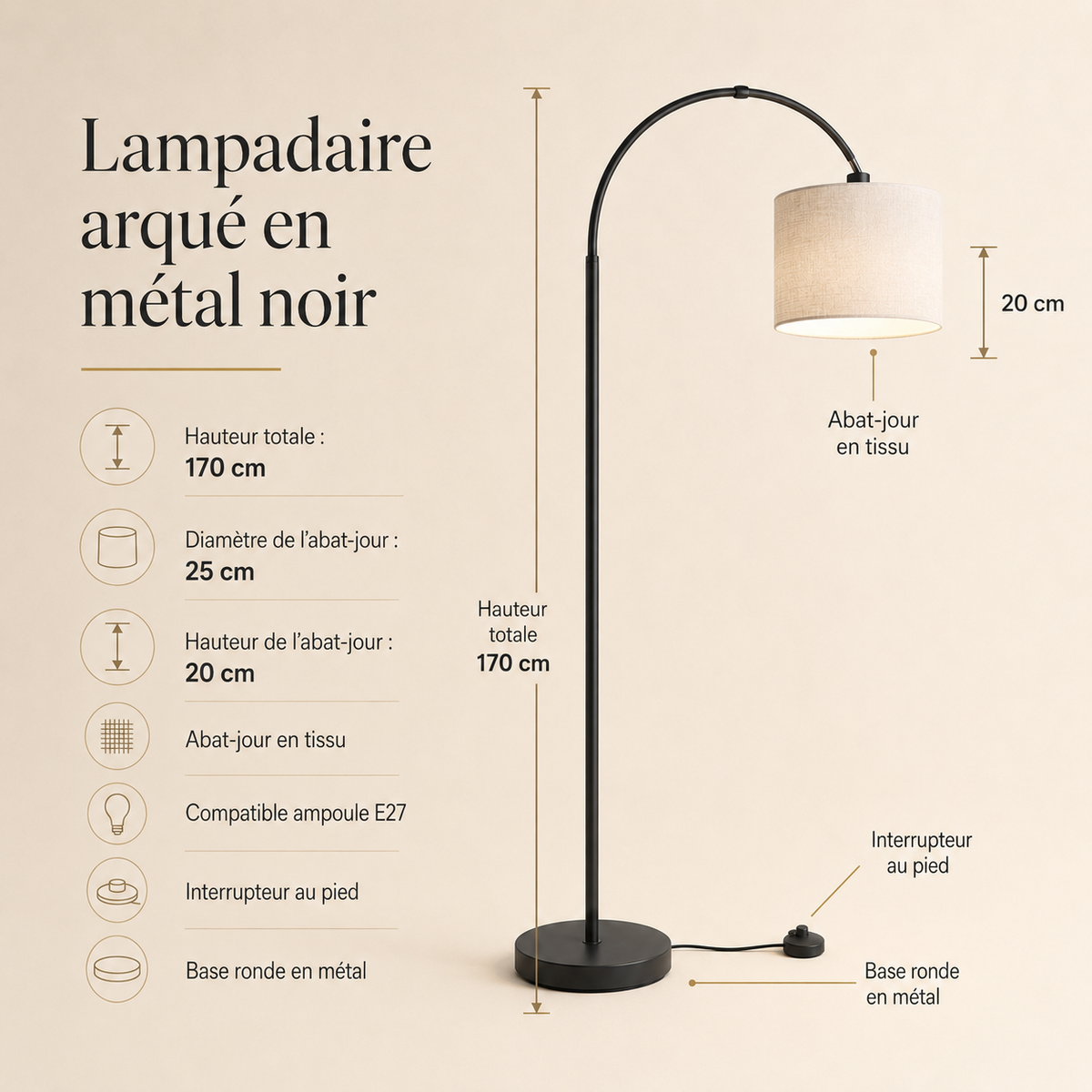Lampadaire arc lin pour salon Malia