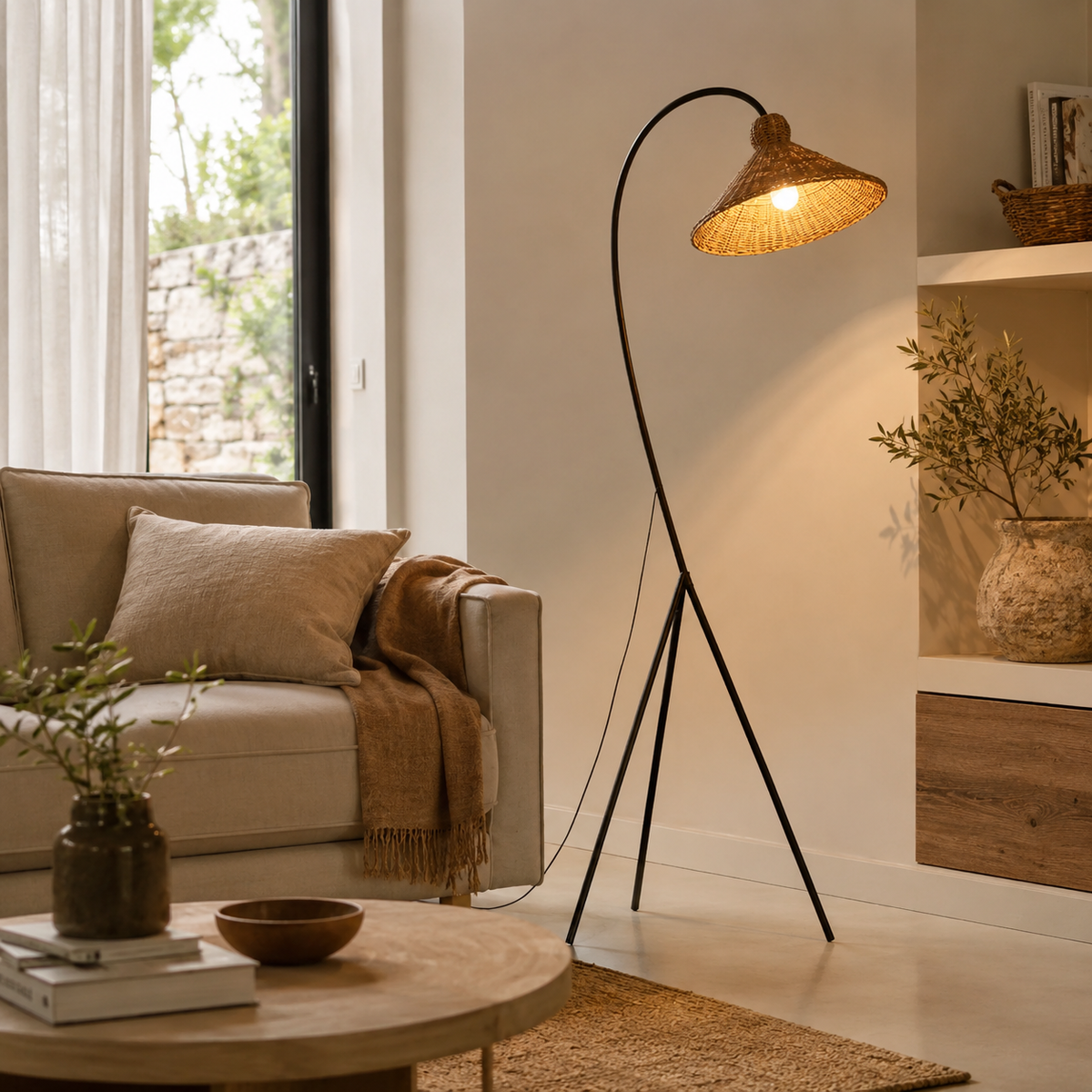 Lampadaire rotin arc pour salon Sora