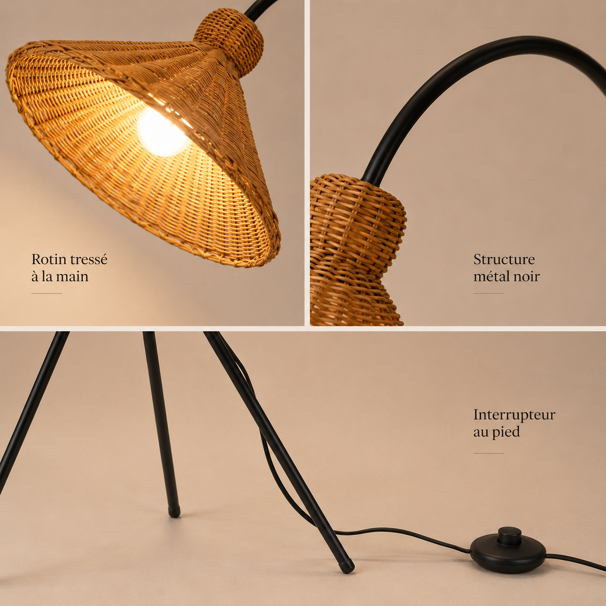 Lampadaire rotin arc pour salon Sora