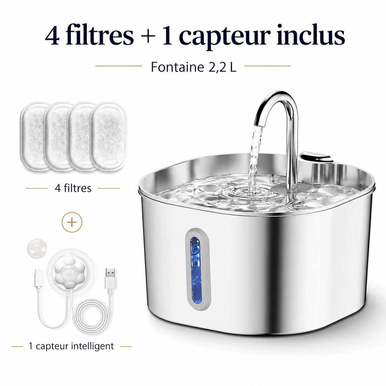 Fontaine à Eau Chat Inox 2,2 L avec Capteur Intelligent et 4 Filtres Inclus
