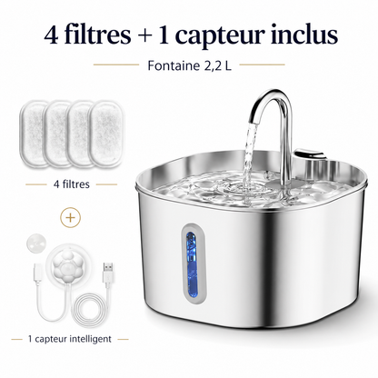 Fontaine à Eau Chat Inox 2,2 L avec Capteur Intelligent et 4 Filtres Inclus