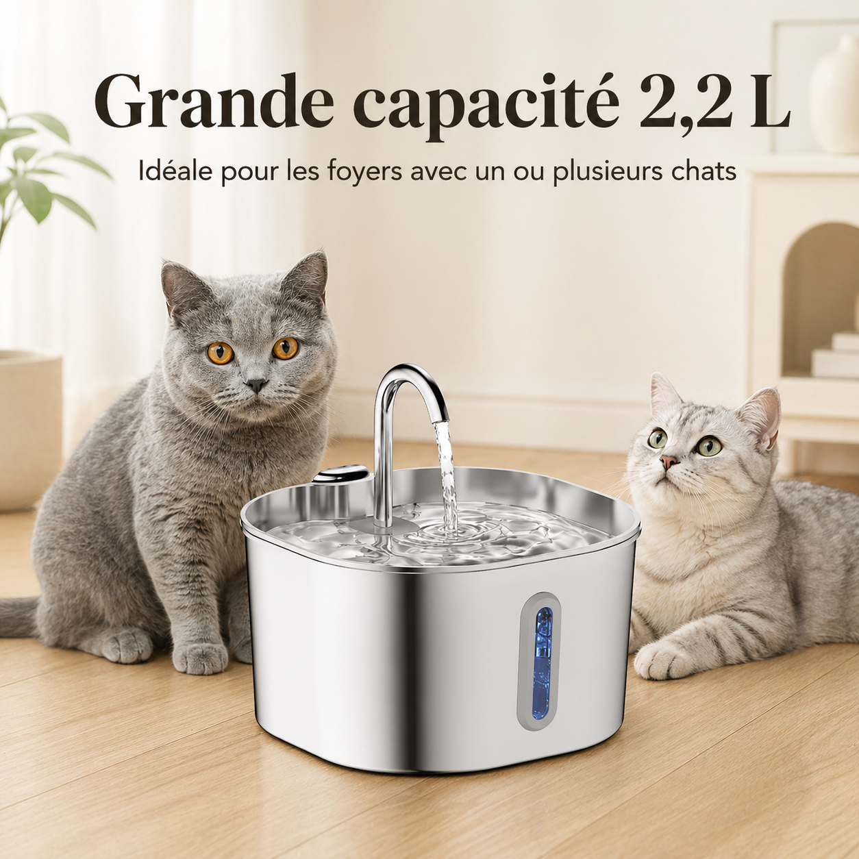 Fontaine à Eau Chat Inox 2,2 L avec Capteur Intelligent et 4 Filtres Inclus