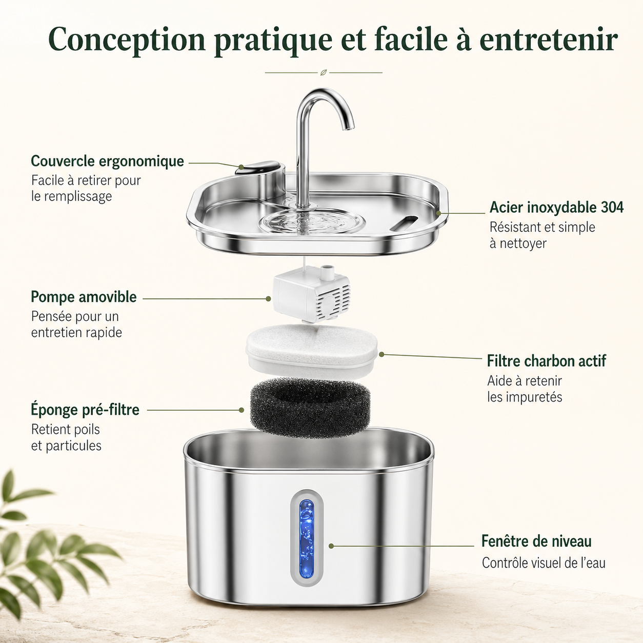 Fontaine à Eau Chat Inox 2,2 L avec Capteur Intelligent et 4 Filtres Inclus