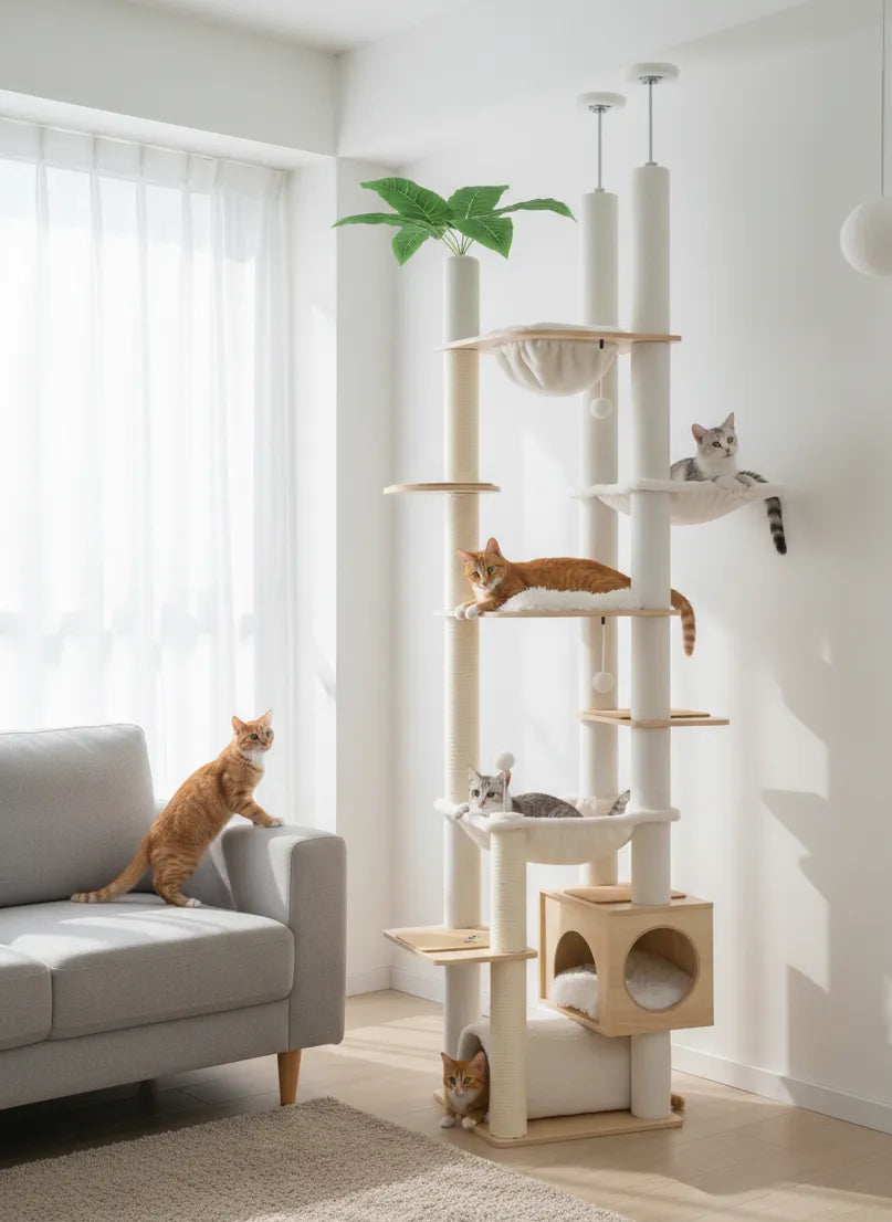 Arbre à Chat Réglable du Sol au Plafond avec Hamac