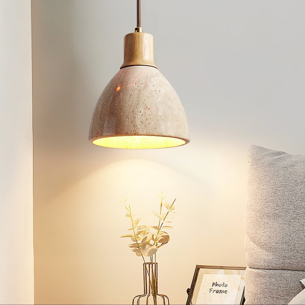 Suspension bois et travertin pour décoration intérieure