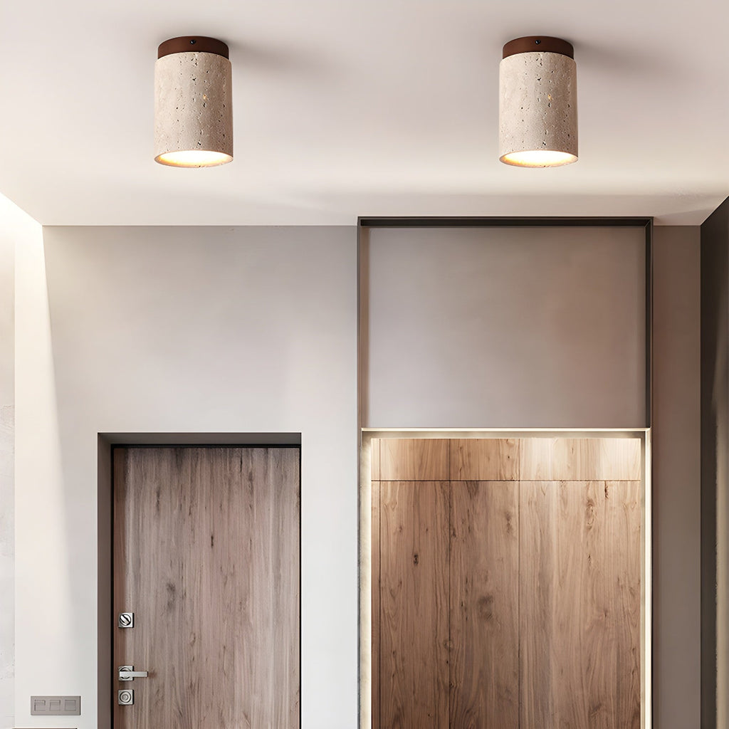 Luminaire plafond naturel en travertin et bois