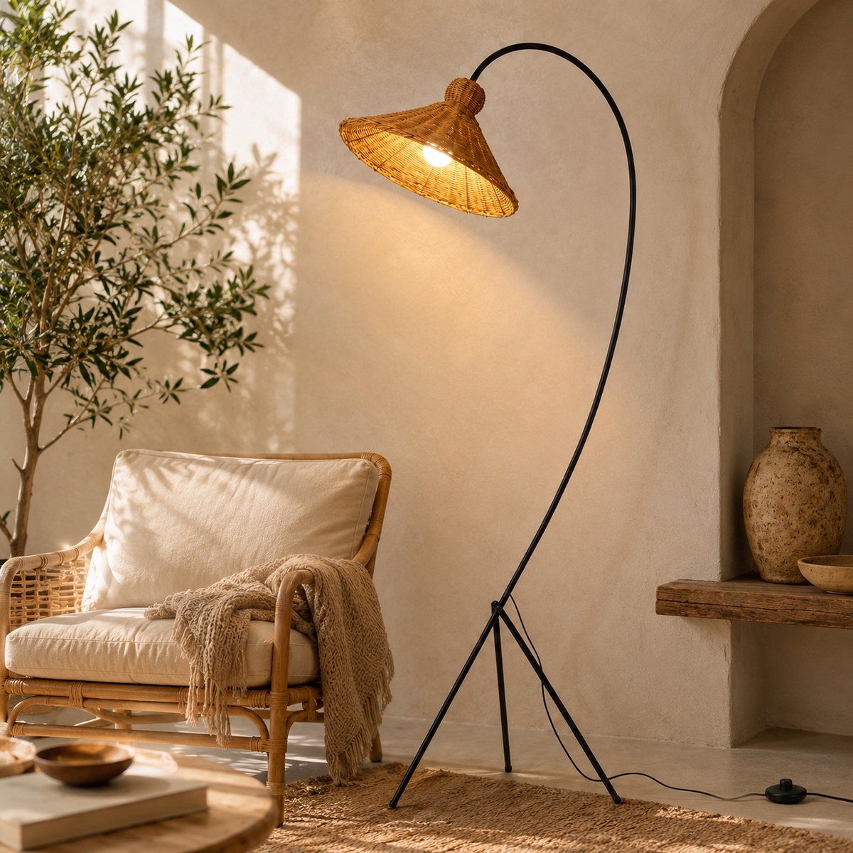 Lampadaire rotin arc pour salon Sora