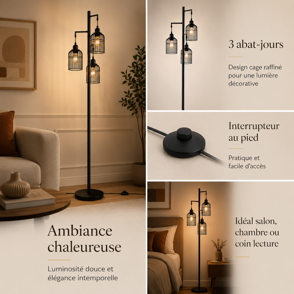 Lampadaire industriel 3 lumières Arlo
